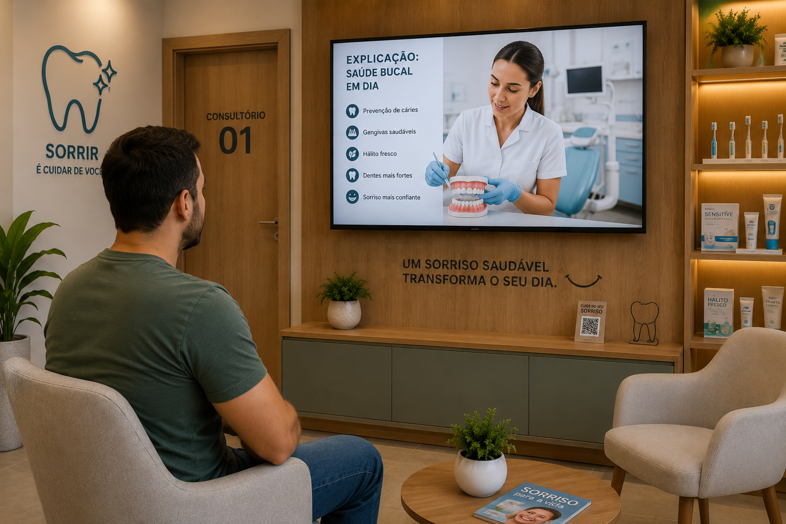Paciente na sala de espera assistindo conteúdo educativo da TV Odonto